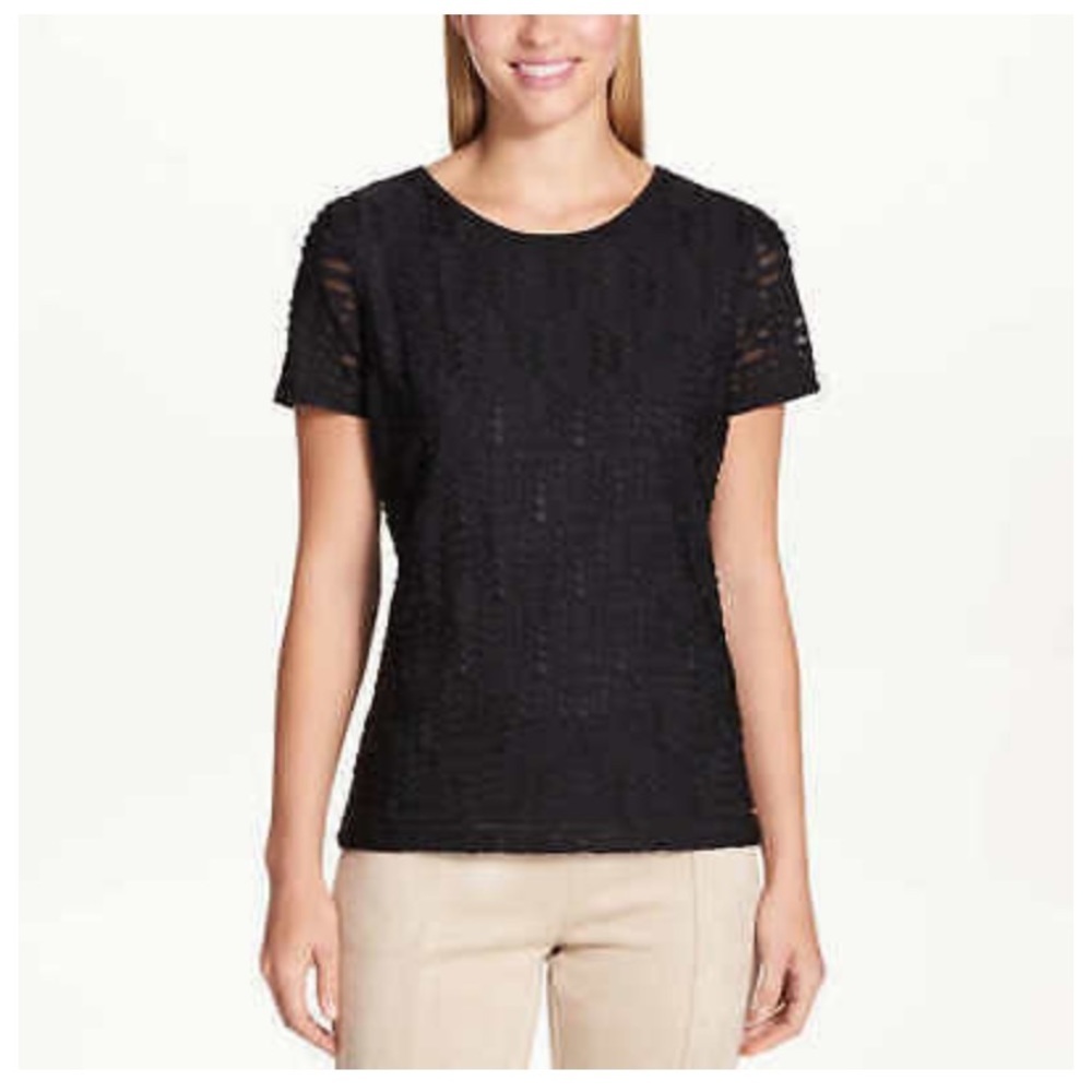Calvin Klein Black Textured Scoop Neck Short Sleeve Blouse Lined Large EUC